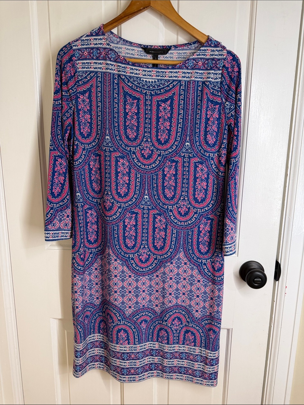 BCBGMaxAzria Blue and Pink Printed Long Sleeve Shift Dress